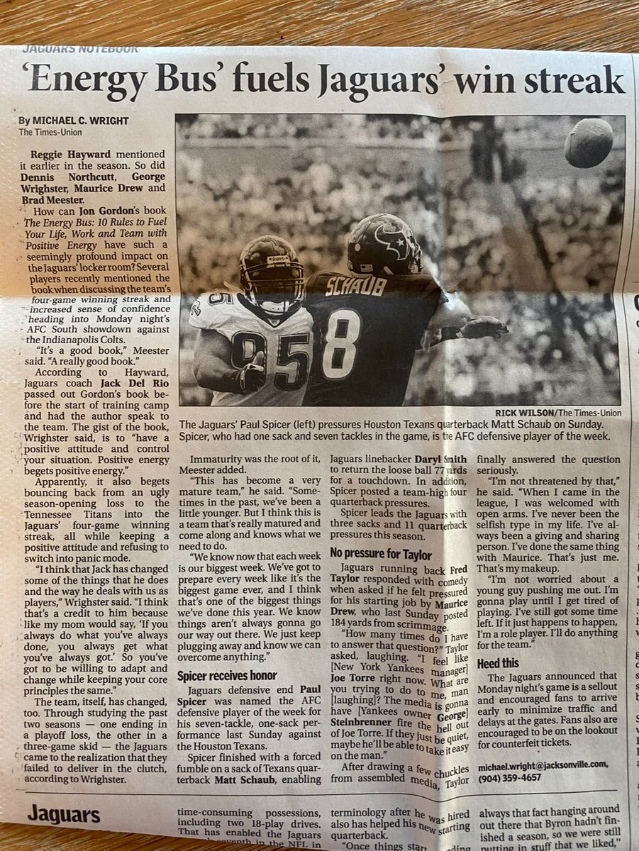 Jon Gordon (@jongordon11) on Twitter photo The <a href="/Jaguars/">Jacksonville Jaguars</a> were the first team I ever spoke to. It wasn’t a high school or college team. It was an NFL team.
The Energy Bus had just come out and I spoke go a group of about 20 local realtors. One of them was the realtor for Mike Smith, the defensive coordinator for the The <a href="/Jaguars/">Jacksonville Jaguars</a> were the first team I ever spoke to. It wasn’t a high school or college team. It was an NFL team.
The Energy Bus had just come out and I spoke go a group of about 20 local realtors. One of them was the realtor for Mike Smith, the defensive coordinator for the