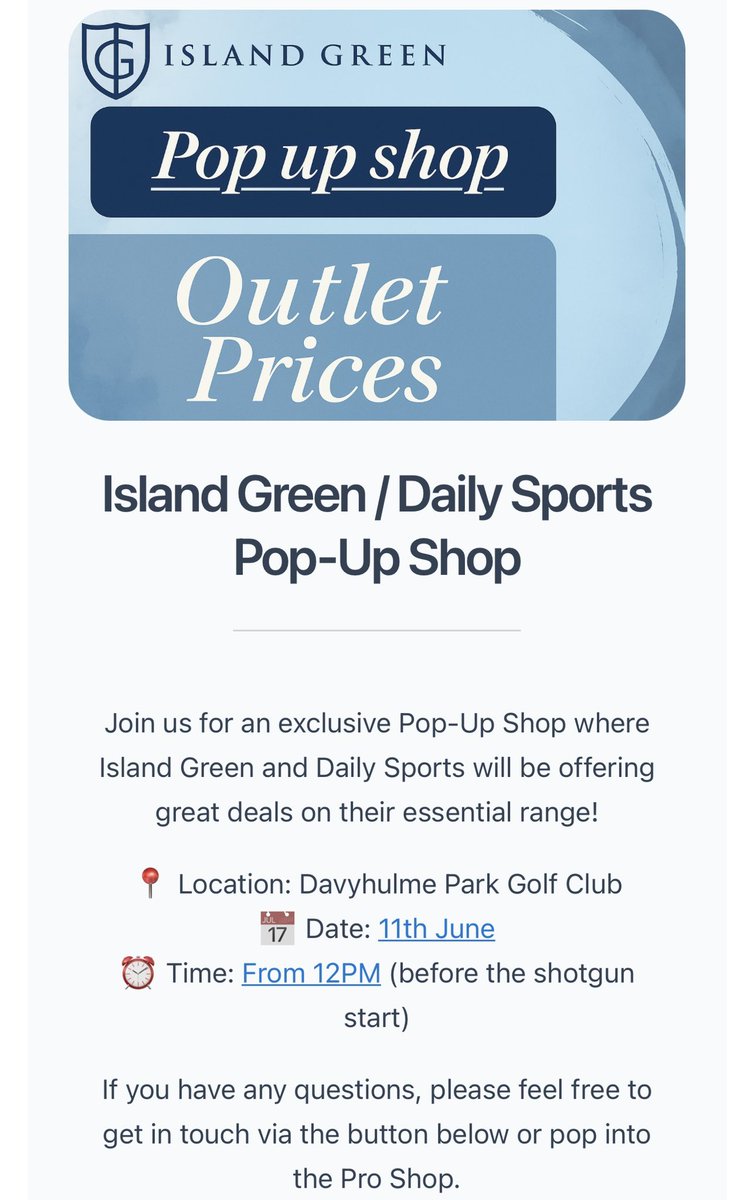 Davyhulme Park Pro Shop (@davyhulmepro) on Twitter photo Pop up ladies shop coming <a href="/DavyhulmeGolf/">Davyhulme Park Golf Club</a> this coming Wednesday around midday (before the Ladies Fun Day) from Golf Professional Georgia Coughlin. Island Green / Daily Sports Pop up ladies shop coming <a href="/DavyhulmeGolf/">Davyhulme Park Golf Club</a> this coming Wednesday around midday (before the Ladies Fun Day) from Golf Professional Georgia Coughlin. Island Green / Daily Sports