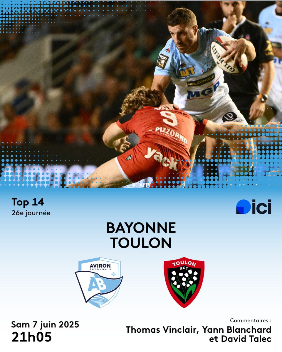 🏉 𝗠𝗔𝗧𝗖𝗛 𝘀𝘂𝗿 𝗜𝗖𝗜 𝗣𝗮𝘆𝘀 𝗕𝗮𝘀𝗾𝘂𝗲, 𝙥𝙤𝙪𝙧 𝙡'𝙝𝙞𝙨𝙩𝙤𝙞𝙧𝙚 💥

𝗔𝘃𝗶𝗿𝗼𝗻 𝗕𝗮𝘆𝗼𝗻𝗻𝗮𝗶𝘀 🆚 Toulon
🏆 Top 14
🗓️ 26ᵉ journée
🕟 21h05
📍 stade Jean-Dauger
🎙️ Thomas Vinclair, Yann Blanchard et David Talec

#ABRCT | #Top14 | #teamAB | #iciSport
