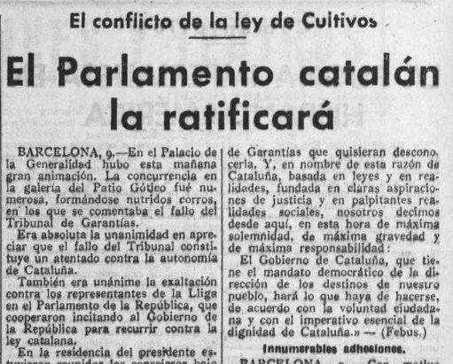 La Generalidad amenazaba, nada más conocerse la resolución, con desacatar al más alto Tribunal; se iniciaba la cuenta atrás del Golpe que, contra la República, socialistas y nacionalistas darían pocos meses más tarde, en Octubre de aquel año 1934..🔽