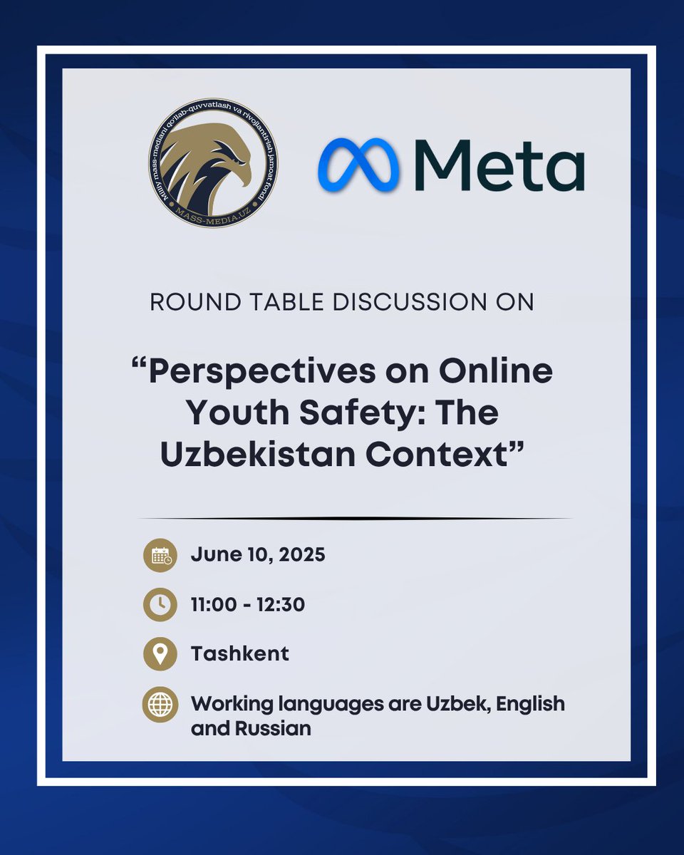 massmediauz's tweet photo. Join our roundtable on Online Youth Safety in Uzbekistan, hosted by Mass Media Foundation &amp; Meta, June 10. Featuring Meta VP Simon Milner &amp; reps from Uzbek ministries, media, &amp; civil society. Languages: Uzbek, English, Russian. Register by June 9: https://t.co/fN29Q5WOpG https://t.co/Kfb6w0OcIM