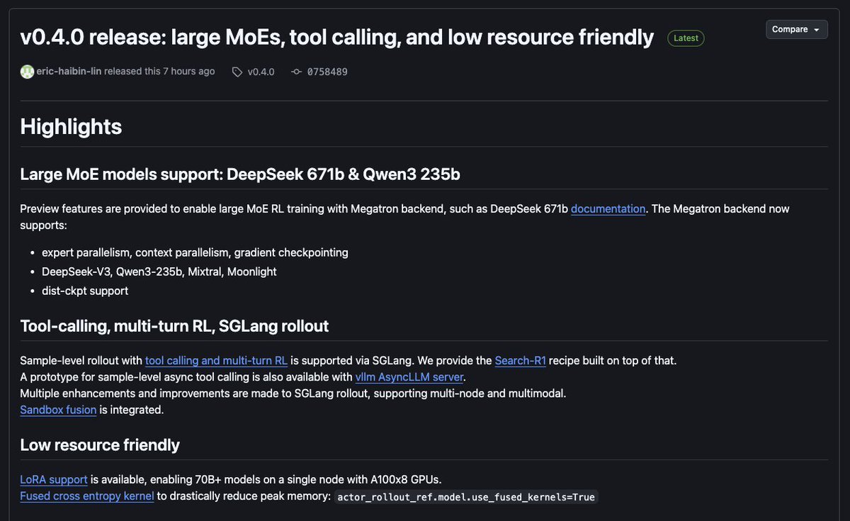 casper_hansen_'s tweet photo. 🚨 veRL v0.4.0 declares war on async multi-turn RL.

75% faster rollouts, 100% rollout control, and DeepSeek R1 support.

Let's break it down 👇 https://t.co/S7NEH9BwI7