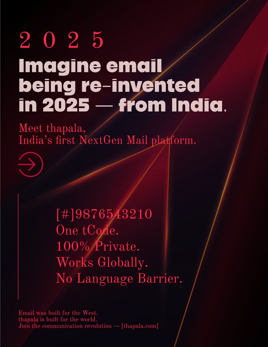 thapala_com's tweet photo. No more email IDs. Just send to a #tCode.
One number. Digital + Physical Mail. 100% private.
#thapala #NextGenMail #BuiltFromIndia #IndiaFirst  #DigitalBharat #MailByNumber #MailBytCode #NoMoreEmails #IndianMail #StartUpIndia https://t.co/yQCaR0TbBv