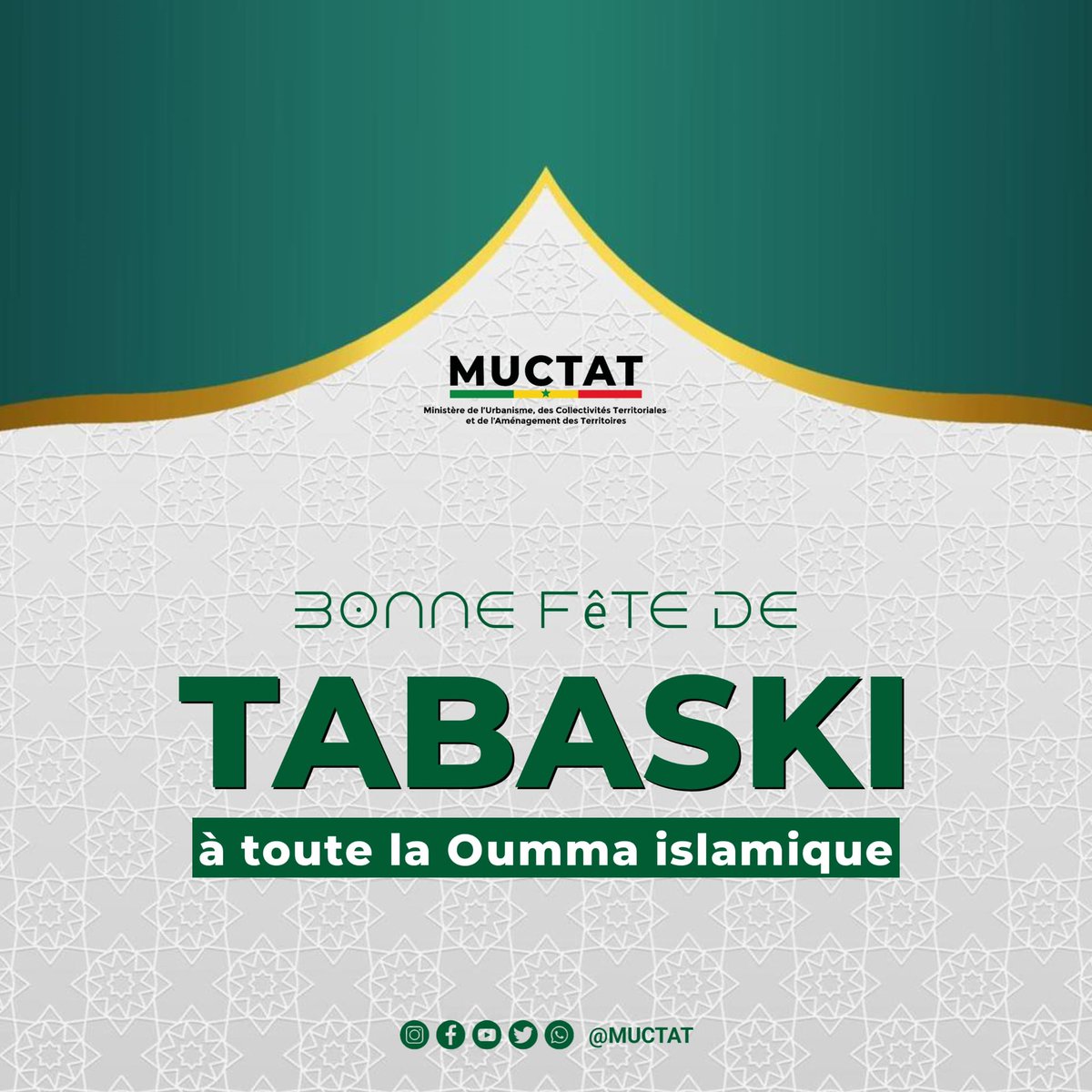 Le Ministère de l’Urbanisme, des Collectivités territoriales et de l’Aménagement des territoires souhaite à toute la Oumma islamique une bonne fête de Tabaski. 

#aidmoubarak #AidElKebir