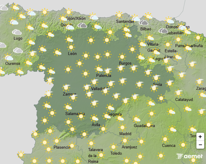 ¡Buenos días! Hoy nos esperan cielos despejados en #CastillayLeón y temperaturas sin muchos cambios, con máximas de hasta 27ºC y mínimas entre los 9ºC de León y los 12ºC. 
¡Disfruta del sábado!