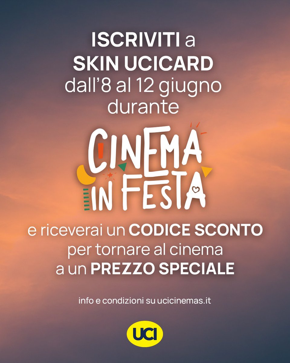 🎉 Dal 8 al 12 giugno, iscriviti a SKIN UCICARD durante Cinema in Festa e riceverai un CODICE SCONTO per tornare al cinema a un PREZZO SPECIALE! 🍿✨
🎟️ I codici sconto verranno inviati il 13 giugno, direttamente nella tua casella email.