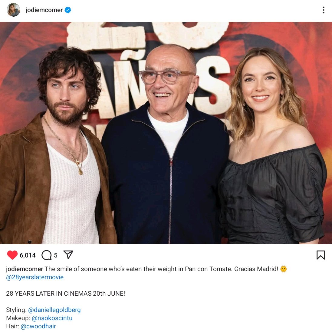 Jodie Comer via Instagram 

"The smile of someone who’s eaten their weight in Pan con Tomate. Gracias Madrid! 🌞
@28yearslatermovie

28 YEARS LATER IN CINEMAS 20th JUNE!

Styling: @daniellegoldberg
Makeup: @naokoscintu
Hair: @cwoodhair "