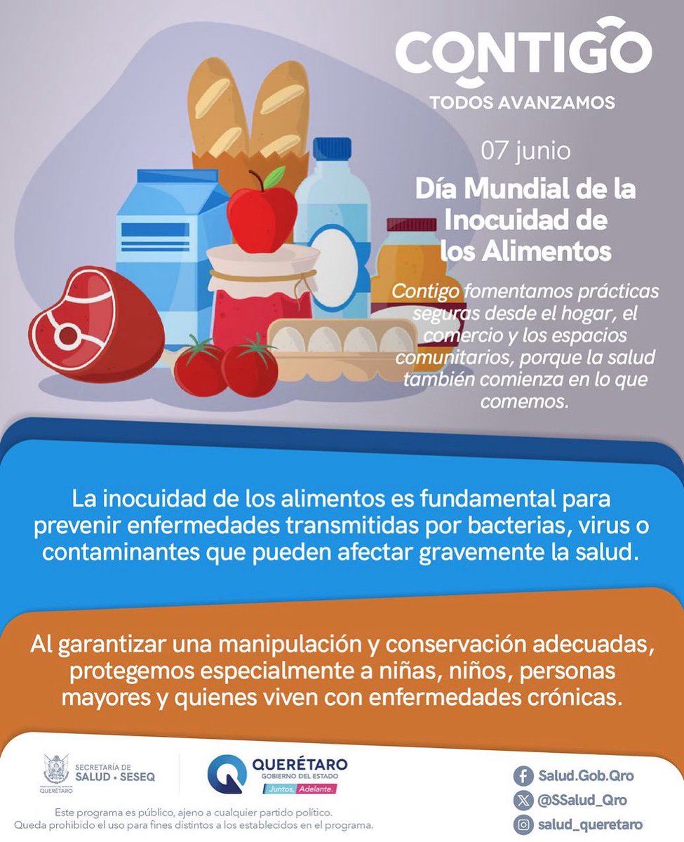 La inocuidad alimentaria previene enfermedades, fortalece tu salud y protege a quienes más lo necesitan como niñas, niños y personas mayores #CONTIGO promovemos prácticas seguras en cada etapa del manejo de alimentos porque lo que comemos también puede salvar vidas 🍎