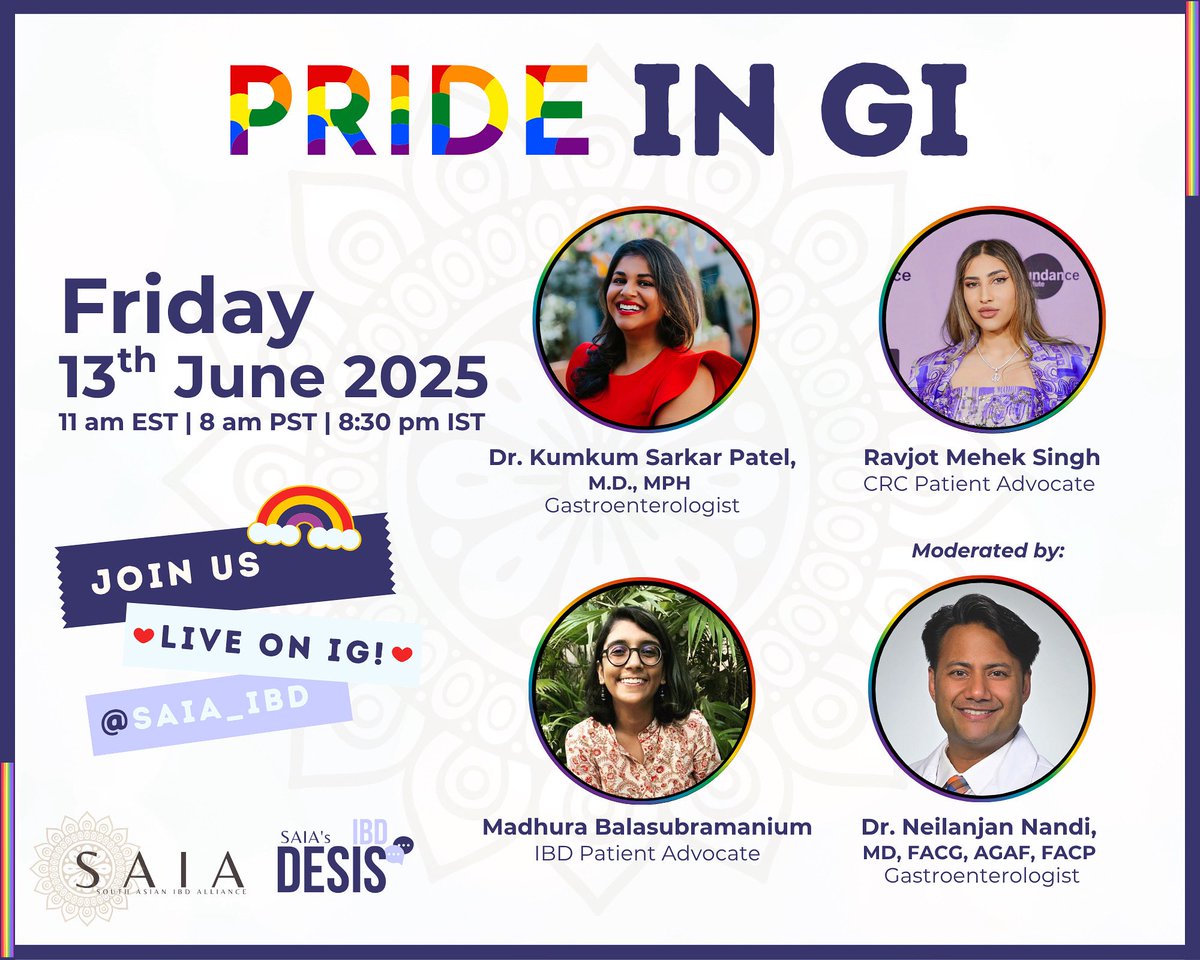 SAIA (@saia_ibd) on Twitter photo This #PrideMonth, we’re proud to host an important talk titled, Pride in GI 🏳️🌈🏳️⚧️
Join #KumkumPatel 🇺🇸, #RavjotMehekSingh 🇺🇸, <a href="/rebelliousgut/">Madhura Balasubramaniam</a> 🇮🇳 & @fitwitmd 🇺🇸 for an open conversation on the intersection of #SOGI, #culture & #GI care!
Tune in on June 13: This #PrideMonth, we’re proud to host an important talk titled, Pride in GI 🏳️🌈🏳️⚧️
Join #KumkumPatel 🇺🇸, #RavjotMehekSingh 🇺🇸, <a href="/rebelliousgut/">Madhura Balasubramaniam</a> 🇮🇳 & @fitwitmd 🇺🇸 for an open conversation on the intersection of #SOGI, #culture & #GI care!
Tune in on June 13: