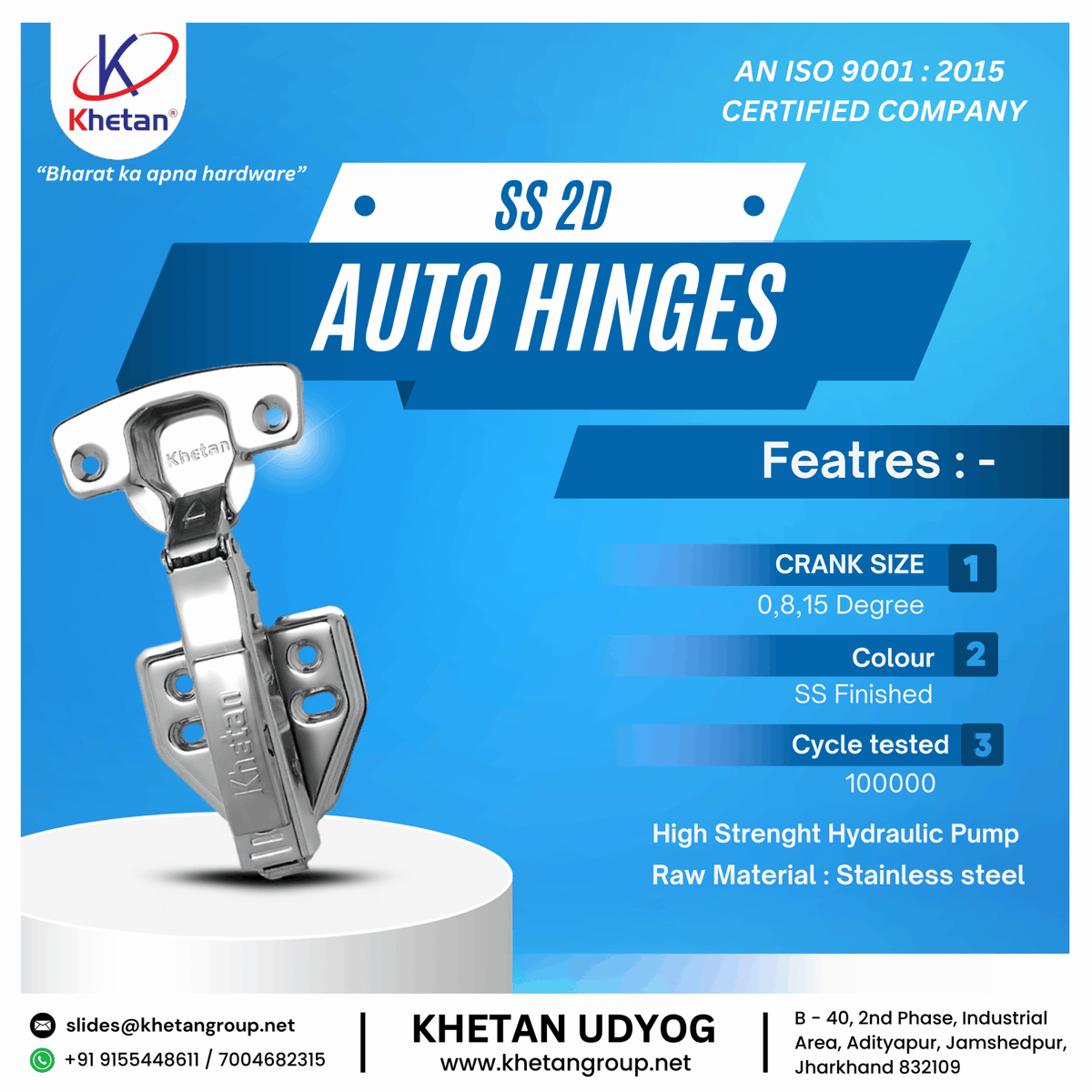GroupKheta15982's tweet image. Smooth. Strong. Smart.
Upgrade your furniture with Khetan Udyog’s 2D SS Auto Hinges – designed for precision, durability, and long-lasting performance.
🛠️ Made from high-grade stainless steel
🔩 Effortless installation
✅ Corrosion-resis#madeinindia .
.
.
#KhetanUdyog #AutoHinge