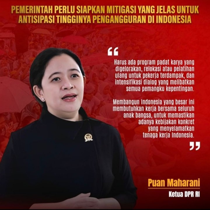 "Mbak <a href="/puanmaharani_ri/">Puan Maharani</a> tolong suarakan ke pemerintah, bahwa solusi mengatasi PENGANGGURAN adalah hanya dengan membuka LAPANGAN PEKERJAAN. Terima kasih..!"

#Ngik