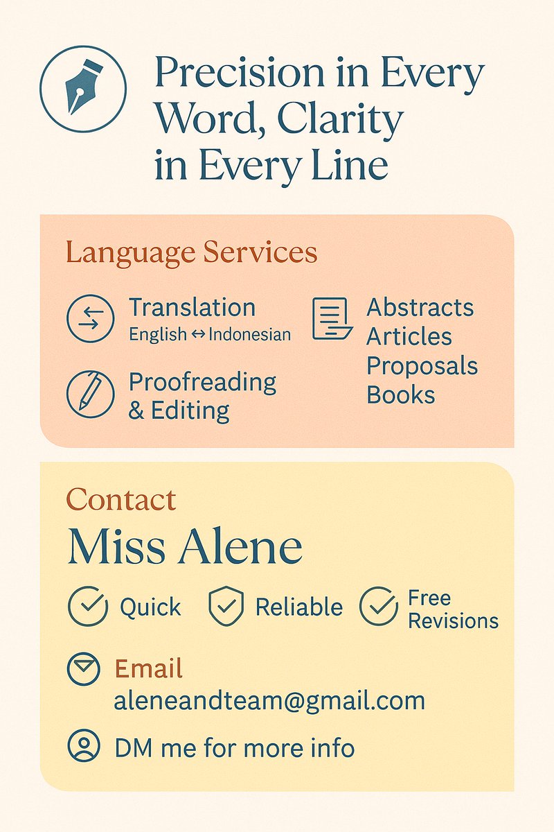 alenerosabel's tweet photo. Butuh jasa penerjemahan English ⇄ Indonesian atau proofreading profesional?

🎯 Dokumen akademik, artikel, proposal, jurnal, buku, CV, dan artikel/dokumen lainnya.
💼 Cepat, terpercaya, revisi gratis.
📩 DM atau email ke aleneandteam@gmail.com untuk informasi dan penawaran harga https://t.co/El4RbH86FH