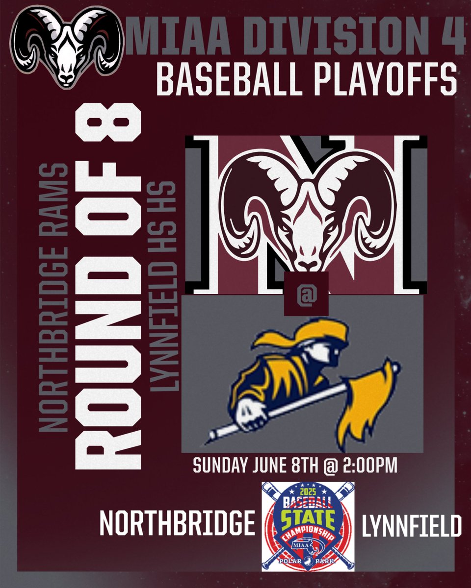 MIAA D4 BASEBALL ELITE 8: TOMORROW, JUNE 8TH, the #10 @NBRams_BSBL travel to #2 <a href="/Lynnfield_AD/">Lynnfield Athletics</a> for a <a href="/MIAA033/">MIAA</a> quarterfinal match-up. BRING YOUR LAWN CHAIRS. Tickets are available through GO FAN ONLY, NO CASH ACCEPTED!
gofan.co/app/school/MA1…