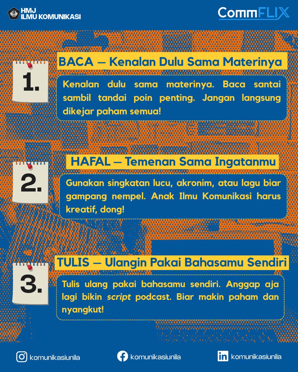 komunikasiunila's tweet image. Hai Commers! ✨
Ujian Akhir Semester (UAS) udah di depan mata, yuk belajar dengan gaya ala anak Ilmu Komunikasi! Coba 3 tips ini biar nggak boring dan makin nempel di otak! Semangat ya, pejuang UAS 💪🏻
#CommX #CommFLIXsolution #Communila