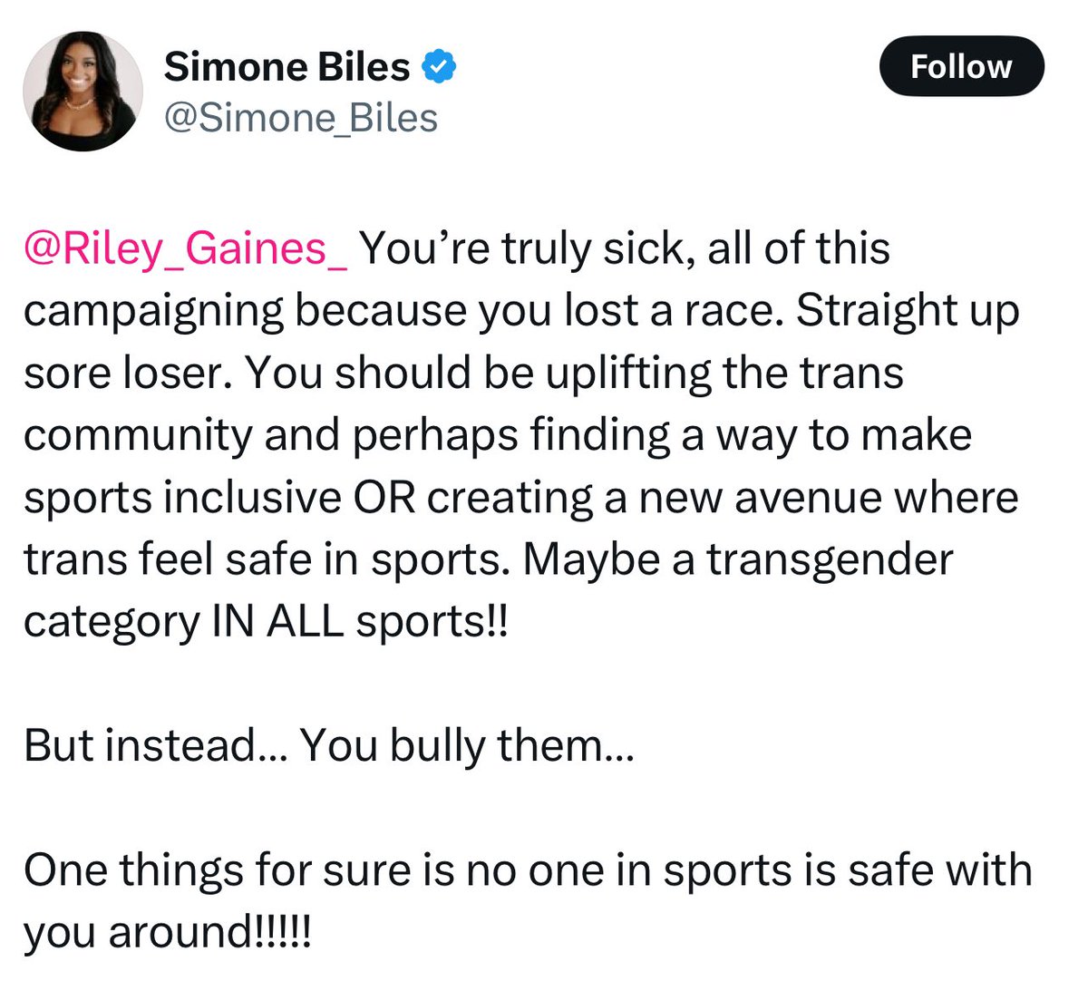 onjali rauf (@onjalirauf) on Twitter photo Dear <a href="/Simone_Biles/">Simone Biles</a>,
I don't know what's going on.
Or what has brought this on.
But as a survivor of horrific male abuses yourself, surely you know all too well how important it is for women & girls to have ALL their single sex spaces & options protected. Respected. Heeded.
1/2 Dear <a href="/Simone_Biles/">Simone Biles</a>,
I don't know what's going on.
Or what has brought this on.
But as a survivor of horrific male abuses yourself, surely you know all too well how important it is for women & girls to have ALL their single sex spaces & options protected. Respected. Heeded.
1/2