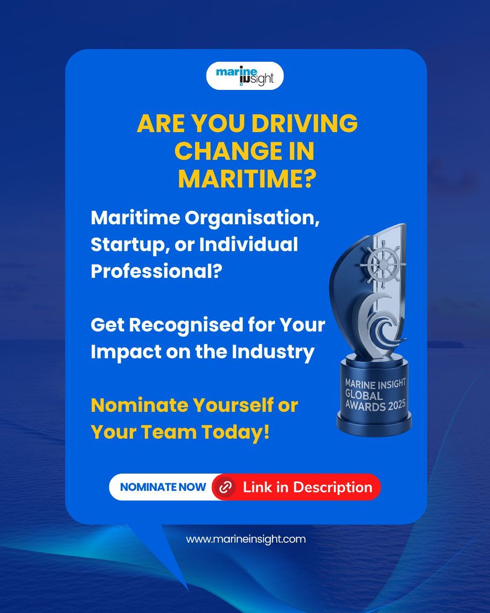 👉Register Now tinyurl.com/y7jucjar

⚓Introducing the #Marine.Insight Global Awards 2025, a prestigious platform celebrating excellence, innovation &amp; leadership across the maritime industry

👋Join us as we honour the pioneers driving progress in shipping &amp; marine technology!