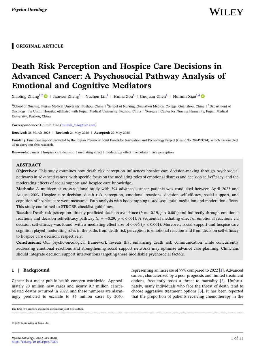 Psycho-Oncology (@psyonc) on Twitter photo How patients perceive death risk shapes hospice decisions—directly & through emotions & confidence in decisions <a href="/PsyOnc/">Psycho-Oncology</a>
Social support & hospice knowledge can ease the process
Better communication + psychosocial support = improved advance care planning
onlinelibrary.wiley.com/doi/10.1002/po… How patients perceive death risk shapes hospice decisions—directly & through emotions & confidence in decisions <a href="/PsyOnc/">Psycho-Oncology</a>
Social support & hospice knowledge can ease the process
Better communication + psychosocial support = improved advance care planning
onlinelibrary.wiley.com/doi/10.1002/po…