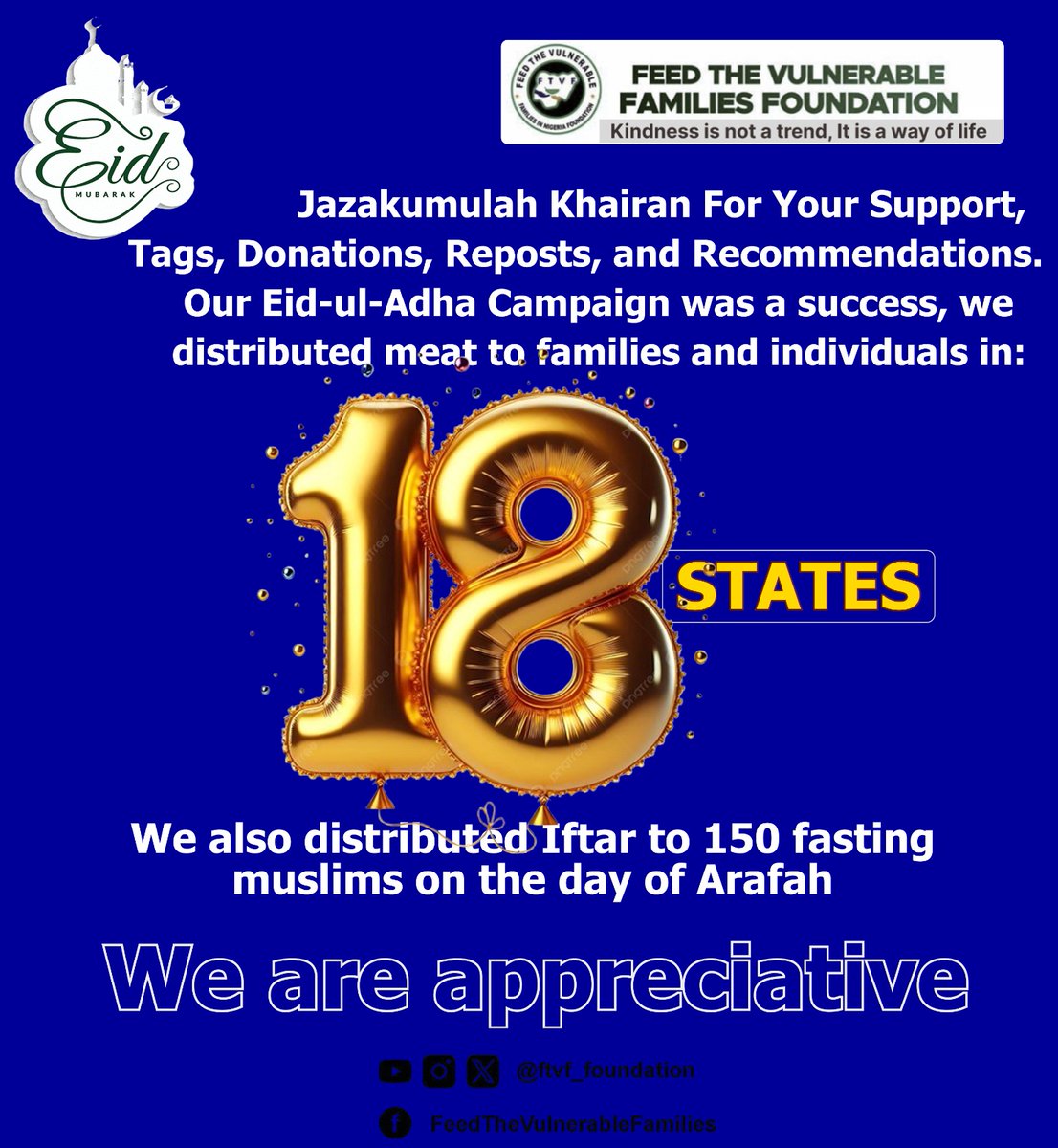 Eid Mubarak to our donors, followers, volunteers, and everyone celebrating💖

Sacrifice is not just about the meat handed out to the needy. It's symbolic of giving up on our most precious desires for Allah [swt]

We appreciate you &amp; thank you for always choosing FTVF #EidulAdha25