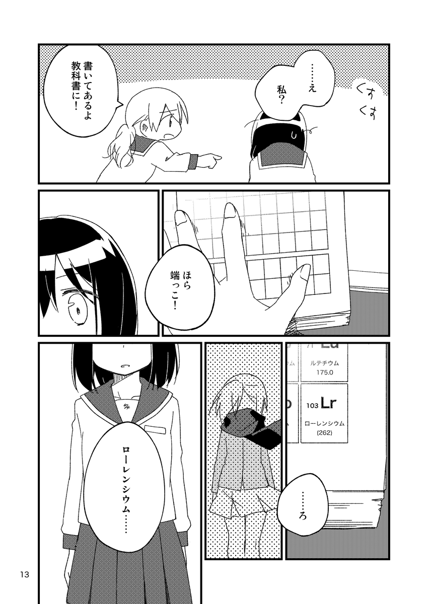 『ローレンシウムを知ってる』
元素擬人化キャラクターの読み切り漫画です。ローレンシウム、シーボーギウム、ニホニウムが登場します。主人公はふつうの女の子。姫川の擬人化創作はリアル世界に擬人化キャラがぽつんといるイメージです。発売年度が作中の時間軸に一致しているのはたまたまです。