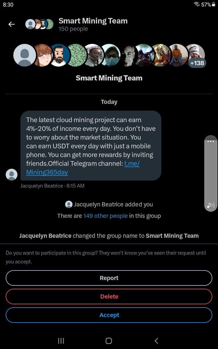 Can somthing be done about this I get added to theses dms alot and it's really annoying and the account that starts  theses groups always has zero  followers and zero following