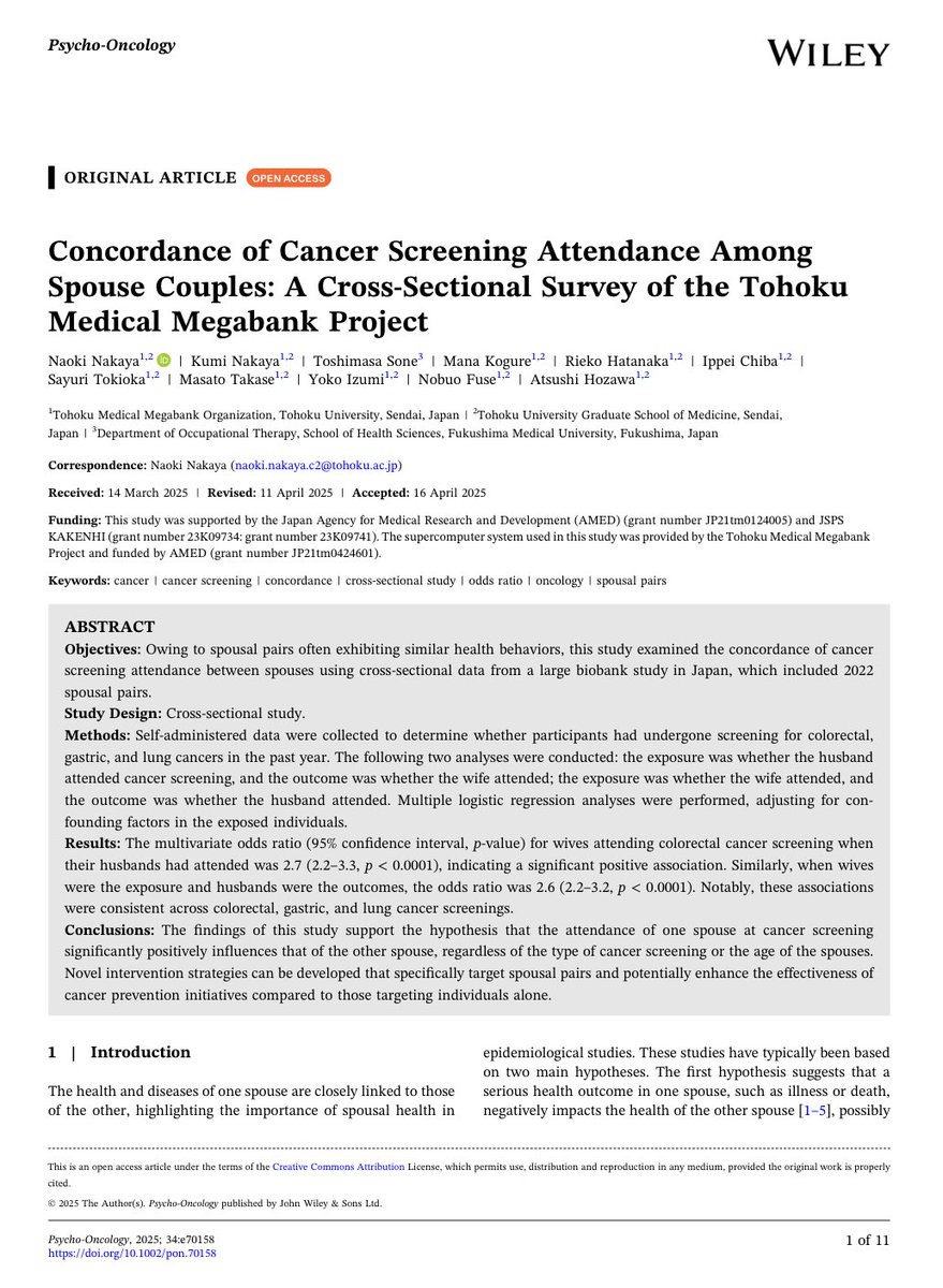 Psycho-Oncology (@psyonc) on Twitter photo Spouses who screen together, stay healthier together? <a href="/PsyOnc/">Psycho-Oncology</a>
Japanese study of 2,022 couples found strong concordance in cancer screening—if one spouse attends, the other is ~2.7× more likely to go too.
Couple-based interventions could boost prevention
onlinelibrary.wiley.com/doi/10.1002/po… Spouses who screen together, stay healthier together? <a href="/PsyOnc/">Psycho-Oncology</a>
Japanese study of 2,022 couples found strong concordance in cancer screening—if one spouse attends, the other is ~2.7× more likely to go too.
Couple-based interventions could boost prevention
onlinelibrary.wiley.com/doi/10.1002/po…