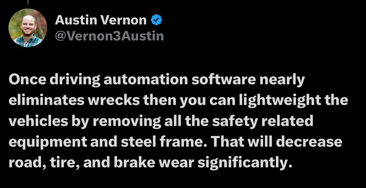 Truly the best of Twitter, in this exchange. 

1.  I did not know that particulate matter air pollution from cars is more about brakes, tires, and road wear than tailpipe emissions. 

2. I did not know that electric cars and trucks have more emissions-efficient brake tech. 

3. I