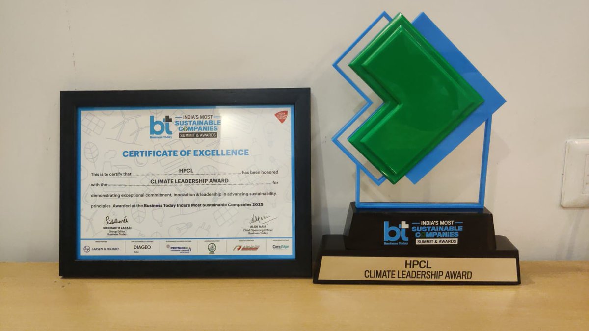 HPCL's tweet image. Proud Moment for HPCL! 
We are honoured to receive the &apos;Climate Leadership Award&apos; at the BT India&apos;s Most Sustainable Companies Summit &amp;amp; Awards 2025.

As the only PSU and the only representative from the Oil &amp;amp; Gas sector to be shortlisted, this recognition reaffirms our unwavering…
