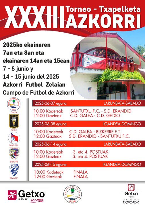 XXXIII AZKORRI TXAPELKETA

<a href="/Getxo_Futbola/">Getxo Futbola Fundazioa</a> 
<a href="/GetxoKirolberri/">Getxo Kirolberri</a> 
<a href="/BasqueWater/">Alzola</a> 
<a href="/SantutxuFC/">SantutxuFC</a> 
<a href="/SDErandioClub/">S.D. Erandio Club</a> 
<a href="/cdGetxoOficial/">CD Getxo</a>