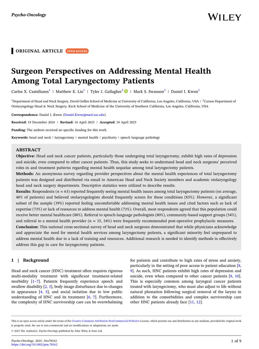 Psycho-Oncology (@psyonc) on Twitter photo Nearly half of total laryngectomy patients face mental health challenges—yet 39% of head & neck surgeons feel uncomfortable addressing them
Most want better support, but lack training/resources
Bridging this gap is critical <a href="/PsyOnc/">Psycho-Oncology</a>
onlinelibrary.wiley.com/doi/10.1002/po… Nearly half of total laryngectomy patients face mental health challenges—yet 39% of head & neck surgeons feel uncomfortable addressing them
Most want better support, but lack training/resources
Bridging this gap is critical <a href="/PsyOnc/">Psycho-Oncology</a>
onlinelibrary.wiley.com/doi/10.1002/po…
