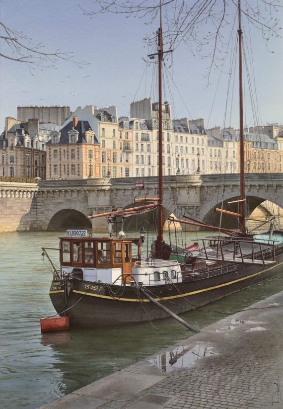 French Watercolour painter 
Thierry Duval.
Another amazing artist.  
He’s certainly one of the best I post.  
‘The Barge and the Pont Neuf’