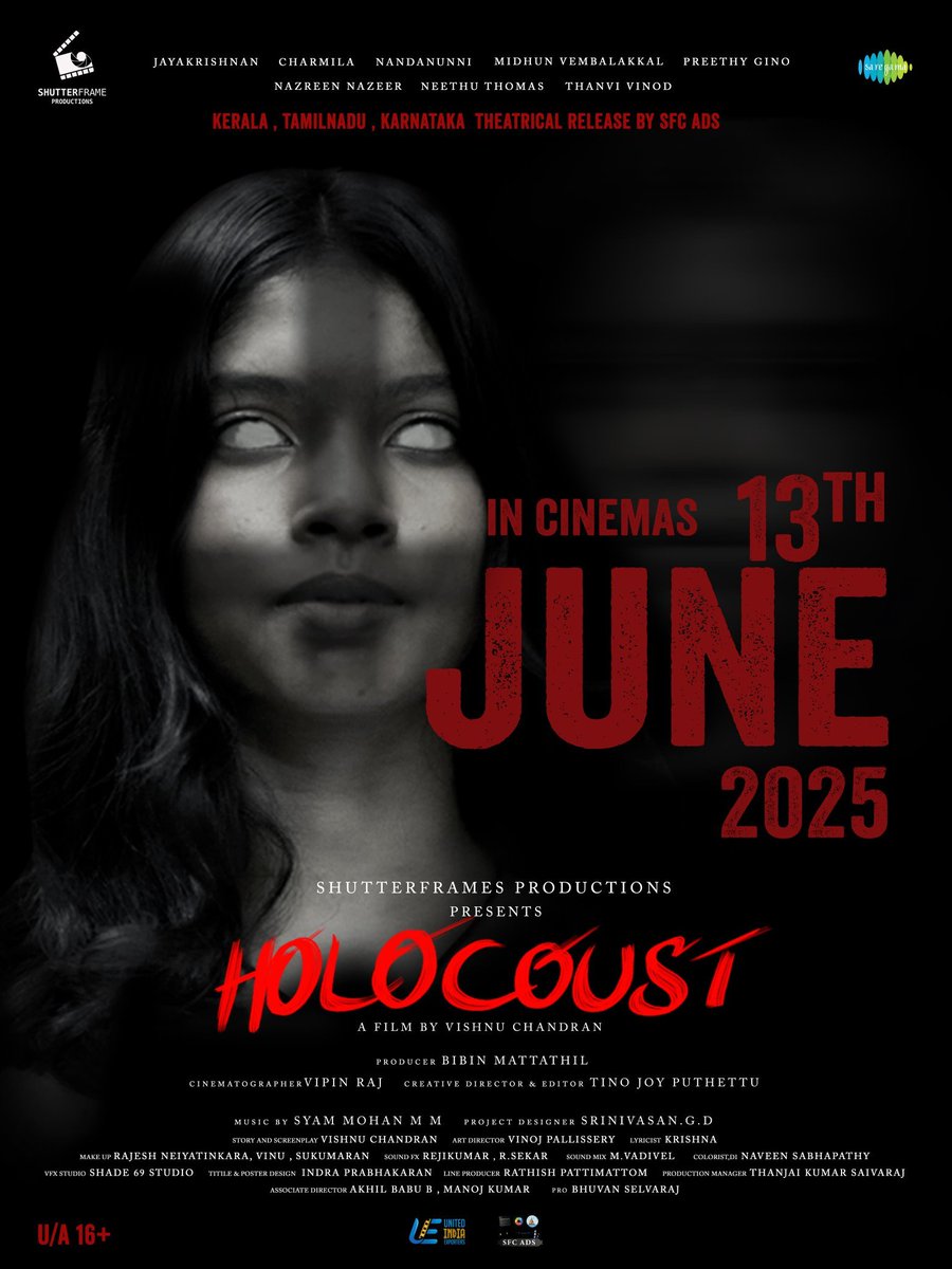 Filmi Street (@filmistreet) on Twitter photo Spine-chilling horror thriller #Holocaust –Releasing in Cinemas 13th June 2025🩸
Directed by Vishu Chandran 🔥
@vembalakkal <a href="/Director_VC/">Vishnu Chandran</a>
<a href="/Arjun__Ashokan/">Arjun Ashokan</a> <a href="/AjuVarghesee/">Aju Varghese</a> <a href="/vaigaabhi1988/">Abhilash Pillai</a> <a href="/actor_indrans/">Indrans</a>
<a href="/syammohanmm/">Syam Mohan.M.M.</a> <a href="/ProBhuvan/">Pro.Bhuvan Selvaraj</a> Spine-chilling horror thriller #Holocaust –Releasing in Cinemas 13th June 2025🩸
Directed by Vishu Chandran 🔥
@vembalakkal <a href="/Director_VC/">Vishnu Chandran</a>
<a href="/Arjun__Ashokan/">Arjun Ashokan</a> <a href="/AjuVarghesee/">Aju Varghese</a> <a href="/vaigaabhi1988/">Abhilash Pillai</a> <a href="/actor_indrans/">Indrans</a>
<a href="/syammohanmm/">Syam Mohan.M.M.</a> <a href="/ProBhuvan/">Pro.Bhuvan Selvaraj</a>