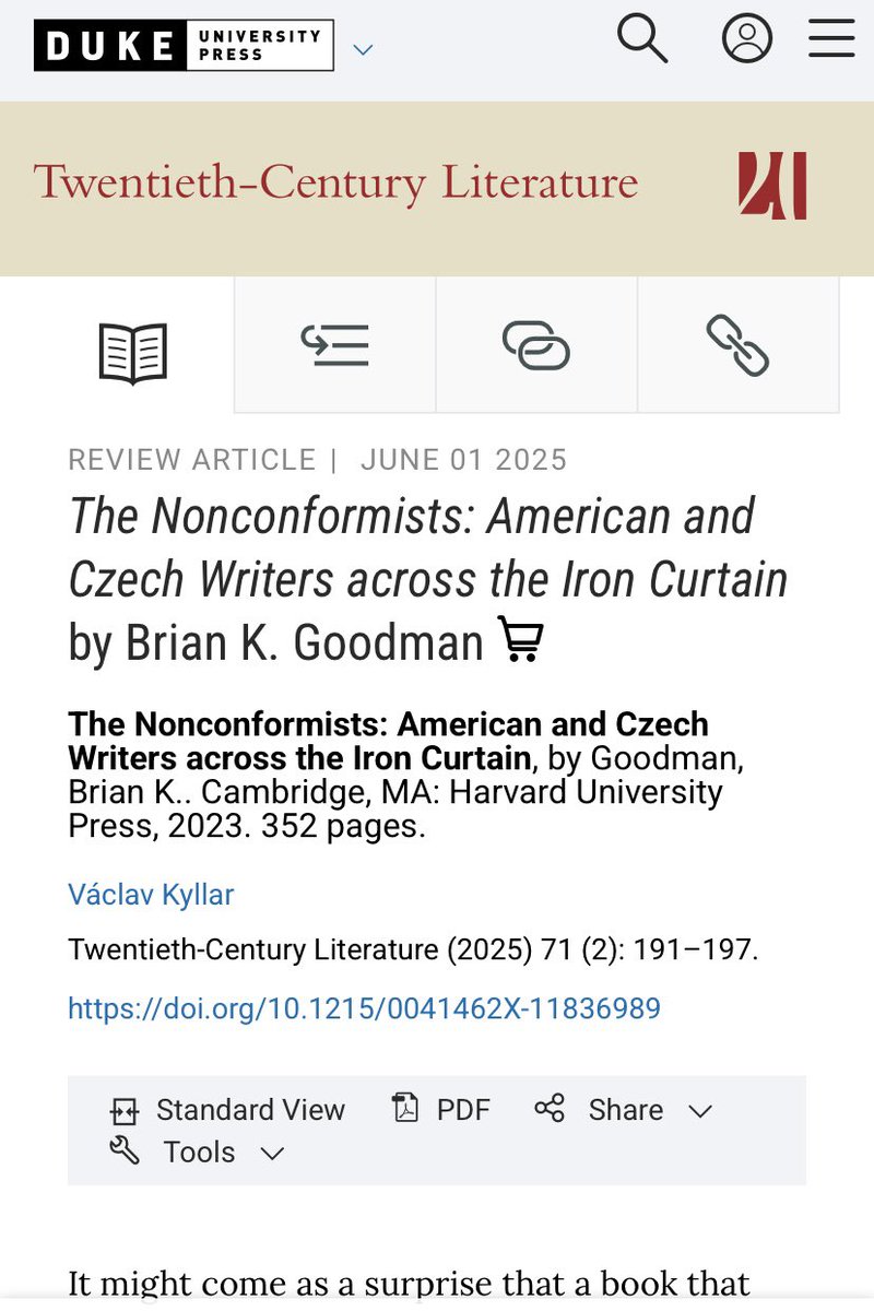 Happy to share my academic review of the brilliant #Nonconformists by <a href="/BrianKGoodman/">Brian K. Goodman</a> that appeared in the latest issue of Twentieth-Century Literature. A one of a kind study of the Czech-American cultural exchange