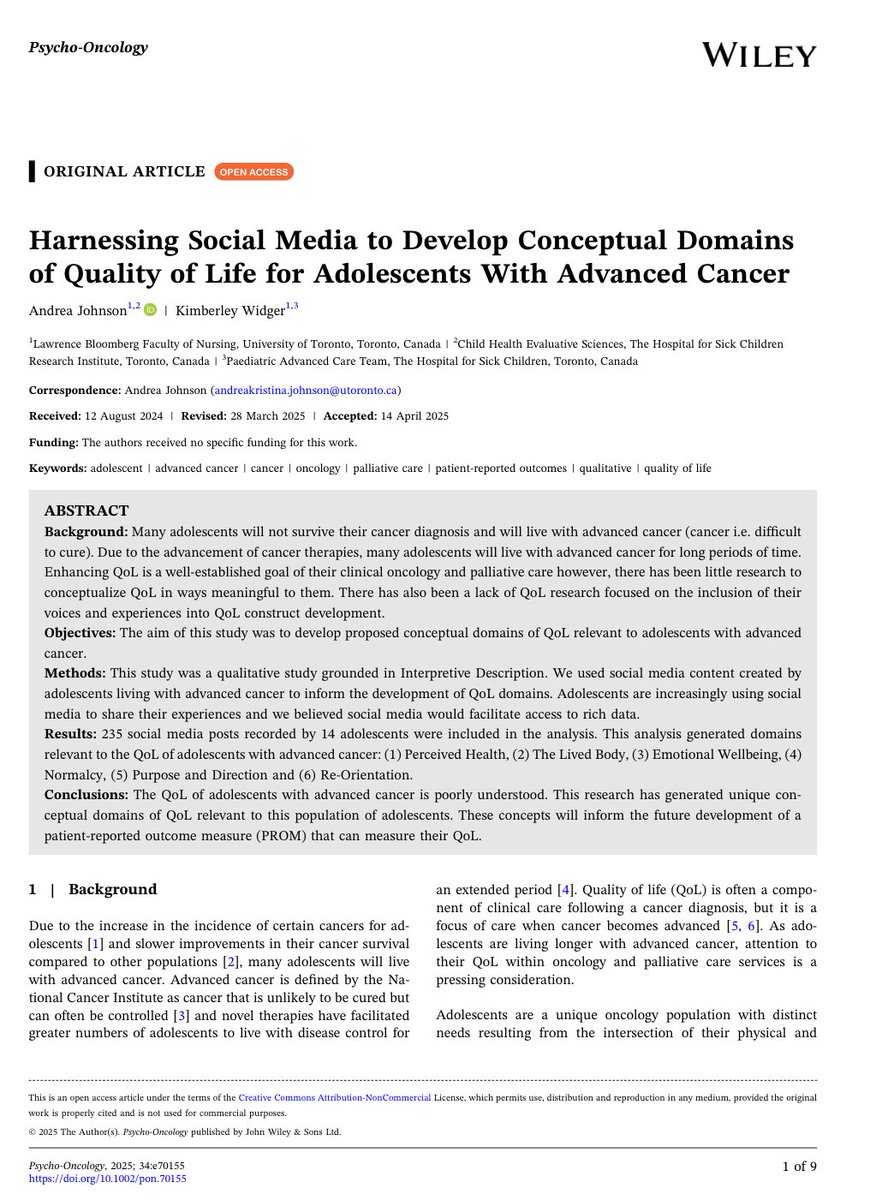 Psycho-Oncology (@psyonc) on Twitter photo What matters most to adolescents living with advanced cancer?
By analyzing their own social media posts, this study identified 6 domains of quality of life—like “normalcy” and “purpose.”
Centering their voices is key to better care <a href="/PsyOnc/">Psycho-Oncology</a>
onlinelibrary.wiley.com/doi/10.1002/po… What matters most to adolescents living with advanced cancer?
By analyzing their own social media posts, this study identified 6 domains of quality of life—like “normalcy” and “purpose.”
Centering their voices is key to better care <a href="/PsyOnc/">Psycho-Oncology</a>
onlinelibrary.wiley.com/doi/10.1002/po…