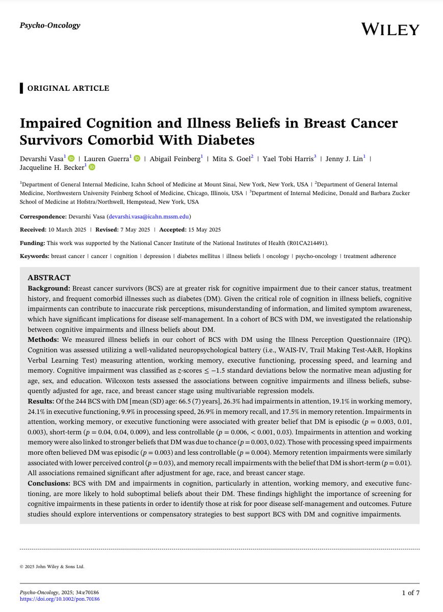 Psycho-Oncology (@psyonc) on Twitter photo Cognitive impairment may shape how breast cancer survivors with diabetes view their illness <a href="/PsyOnc/">Psycho-Oncology</a>
Impairments in attention, memory & executive function were linked to more inaccurate beliefs about diabetes—affecting self-management
onlinelibrary.wiley.com/doi/10.1002/po… Cognitive impairment may shape how breast cancer survivors with diabetes view their illness <a href="/PsyOnc/">Psycho-Oncology</a>
Impairments in attention, memory & executive function were linked to more inaccurate beliefs about diabetes—affecting self-management
onlinelibrary.wiley.com/doi/10.1002/po…