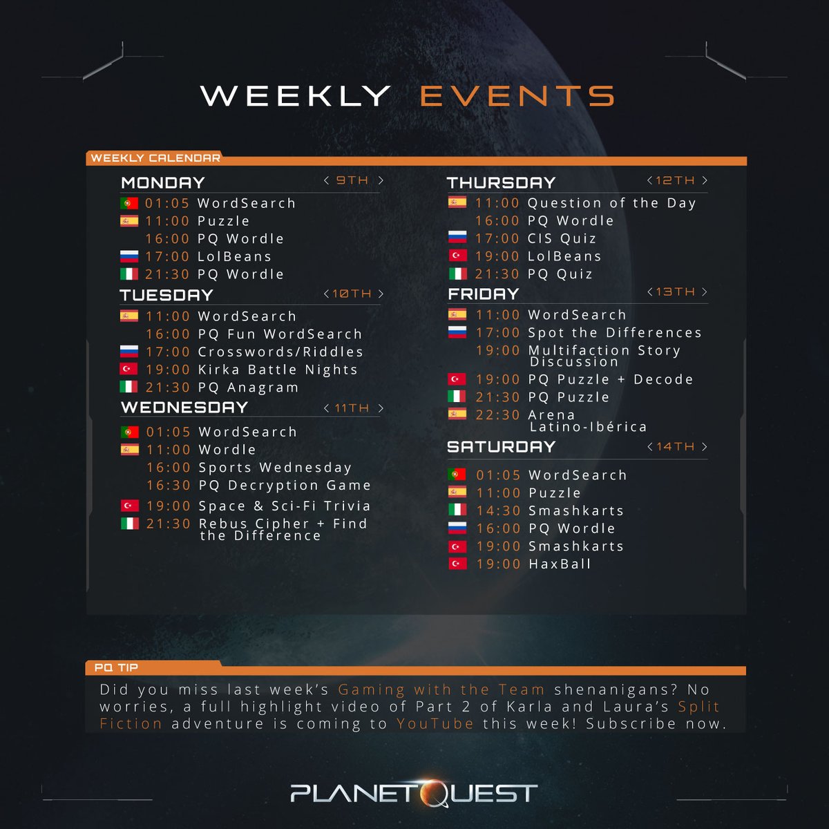 Weekly Community #PQEvents Overview! ✨

All times are CET ⏰ and don’t forget to subscribe to our YouTube 🎬 youtube.com/@PlanetQuest
