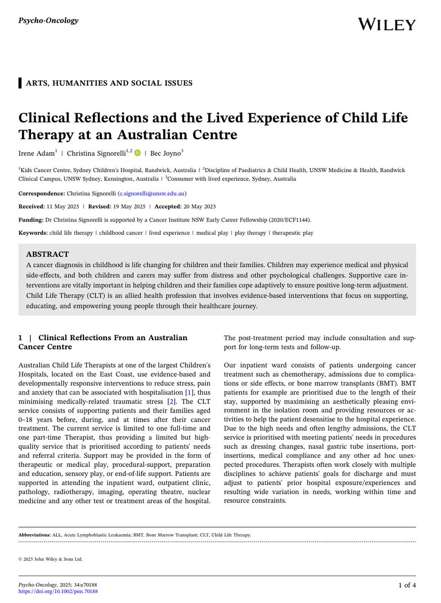 Psycho-Oncology (@psyonc) on Twitter photo Childhood cancer affects the whole family—physically, emotionally, and psychologically.
Child Life Therapy offers evidence-based support to help children and carers navigate treatment, build resilience, & foster long-term adjustment <a href="/PsyOnc/">Psycho-Oncology</a> <a href="/ChrisSigno/">Christina Signorelli, PhD</a>
onlinelibrary.wiley.com/doi/10.1002/po… Childhood cancer affects the whole family—physically, emotionally, and psychologically.
Child Life Therapy offers evidence-based support to help children and carers navigate treatment, build resilience, & foster long-term adjustment <a href="/PsyOnc/">Psycho-Oncology</a> <a href="/ChrisSigno/">Christina Signorelli, PhD</a>
onlinelibrary.wiley.com/doi/10.1002/po…