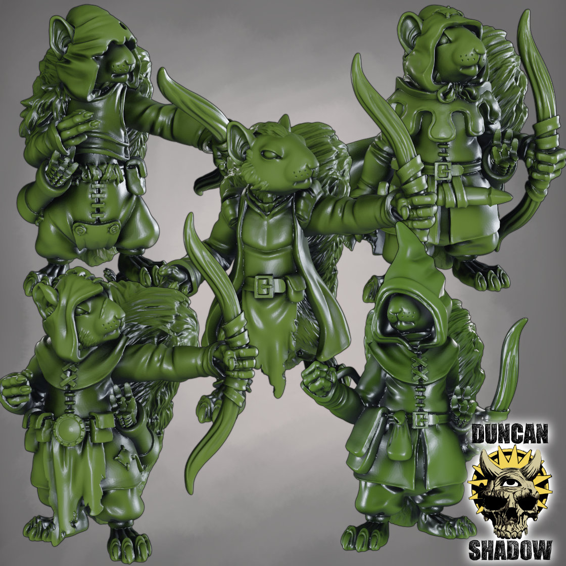 Released a whole load of Squirrel folk this month 
Pre posed and Multipart kits
Image of pre posed figures with bows

Trying out some different render styles, 
People seem to like the pale background