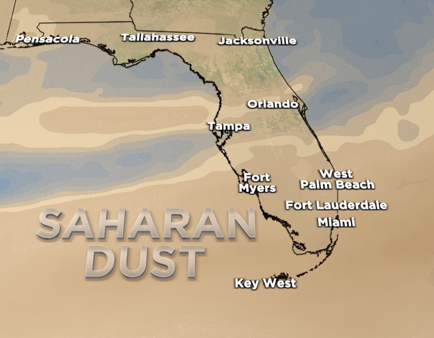 Hope you didn’t wash your car yet! Saharan dust over Florida is leaving behind a nasty layer on cars.  It will thin out this weekend and move out by Monday.