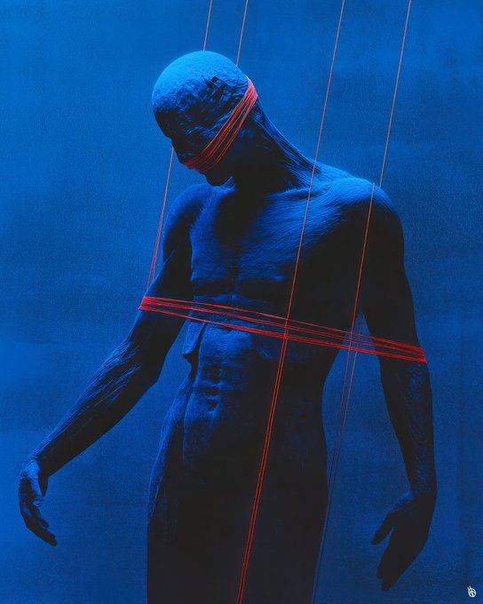 A dark silhouette of a person entangled in red strings or wires against a deep blue background, suggesting themes of control or manipulation.