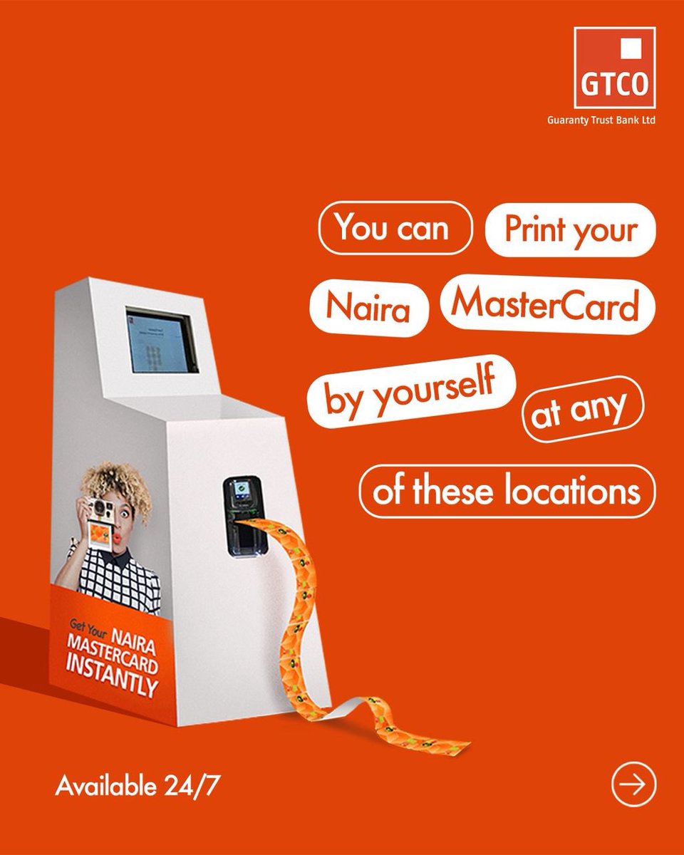 gtbank's tweet photo. Need a new card over the long holiday?

You can walk in to select branches and print your card with our card printing machine in minutes.

Here’s the list of branches that have our card printing machines. https://t.co/uie0Np5PPD