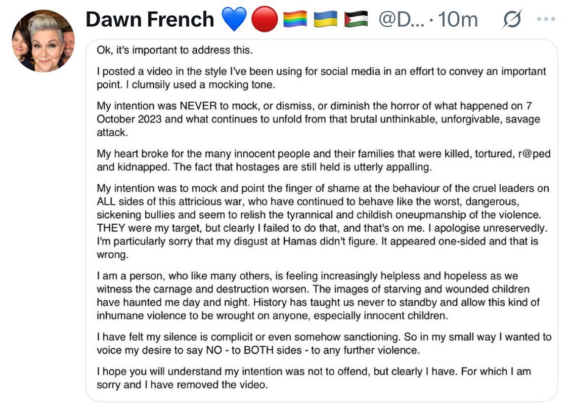 Dawn French has just issued an apology and has removed her offensive video post.

But is it too late and has the damage already been done.

What is your reaction?