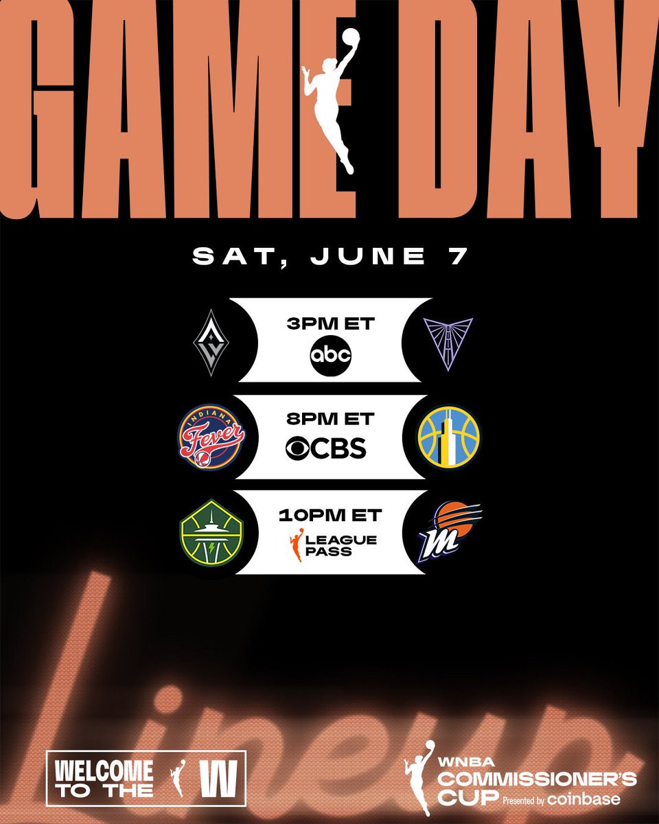 Saturday hoops with Cup stakes 🏆

⚫️ LVA vs. GSV – 3pm/ET on ABC
⚫️ IND vs. CHI – 8pm/ET on CBS
⚫️ SEA vs. PHX – 10pm/ET on League Pass 

Big matchups. Bigger implications. WNBA Commissioner’s Cup presented by <a href="/coinbase/">Coinbase 🛡️</a>.