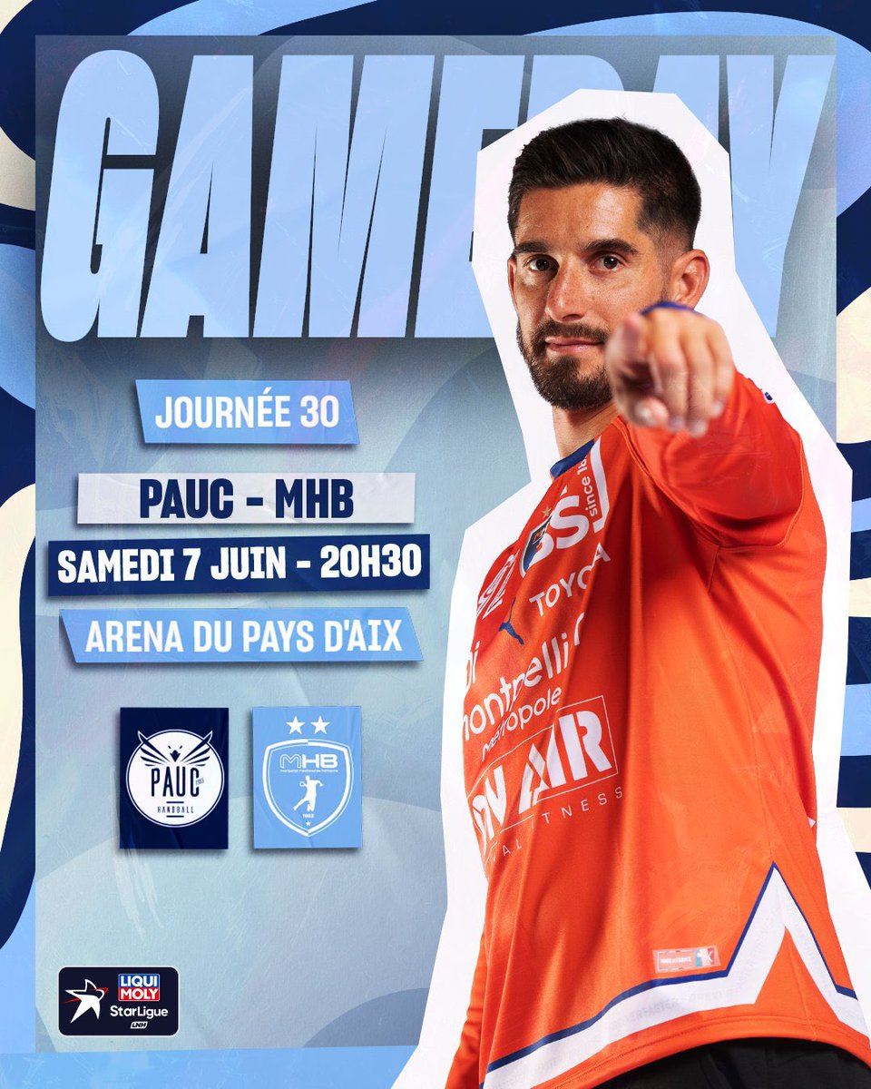 [#GameDay] 🤾🏻‍♂️

🏆#J30 #LiquiMolyStarligue <a href="/LNHofficiel/">Ligue Nationale de Handball</a> 

<a href="/pauchandball/">PAUC HANDBALL</a> 
🆚
<a href="/mhbofficiel/">Montpellier Handball</a> 🔵⚪️

📆 Samedi 7 juin
⌚️ 20:30

📍Arena du Pays d’Aix, Aix-en-Provence 

Match à suivre ⬇️
Handball TV