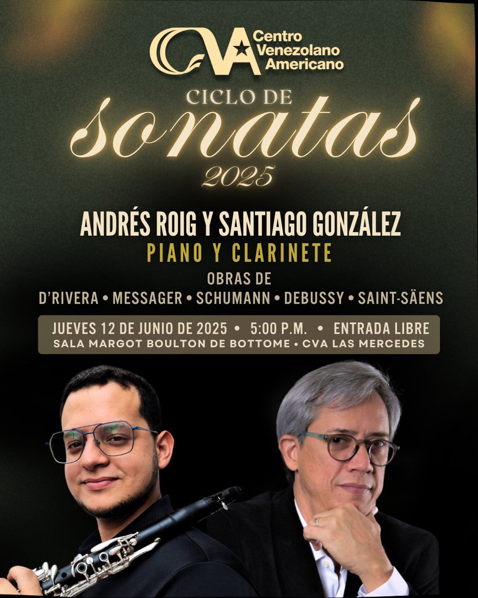 El 12 de junio tendremos en el CVA Las Mercedes, un nuevo concierto del Ciclo de Sonatas CVA 2025, en el que disfrutaremos de obras de Paquito D'Rivera, Schumann, Messeger, Debussy y Saint-Säens en compañía de Andrés Roig (piano) y Santiago González (clarinete). Entrada libre