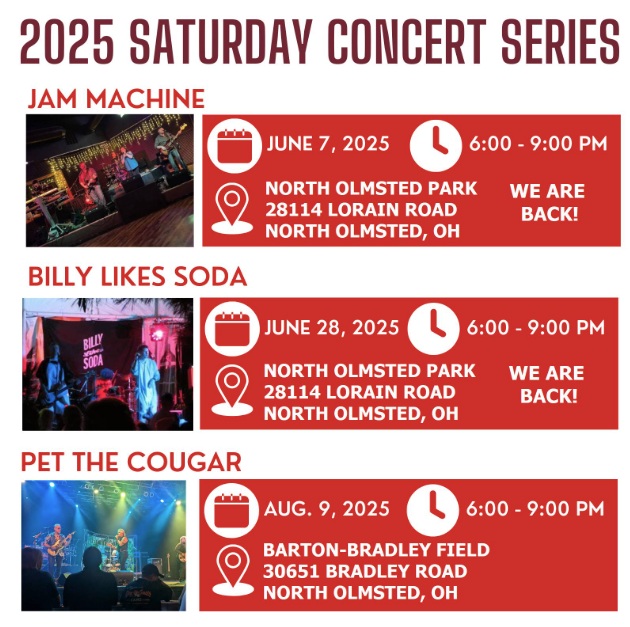 The annual summer concert series starts TONIGHT at North Olmsted Park from 6-9pm. The Jam Machine  opens the series with a great concert, ranging from classic rock, pop, R&amp;B and dance favorites. Stop by and enjoy great tunes and engage with your community. #NorthOlmsted #Music