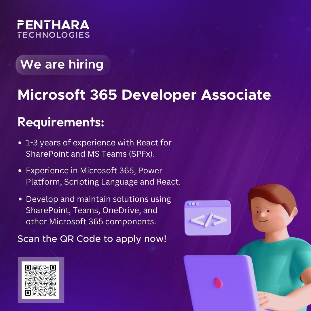 Penthara's tweet image. 🚨 We’re hiring a Microsoft 365 Developer Associate!
Join Penthara to build cloud solutions, drive innovation &amp;amp; grow your career.

Apply now! 💼✨careers.penthara.com

#Microsoft365Developer #CloudDevelopment #PentharaGalaxy #PentharaTechnologies