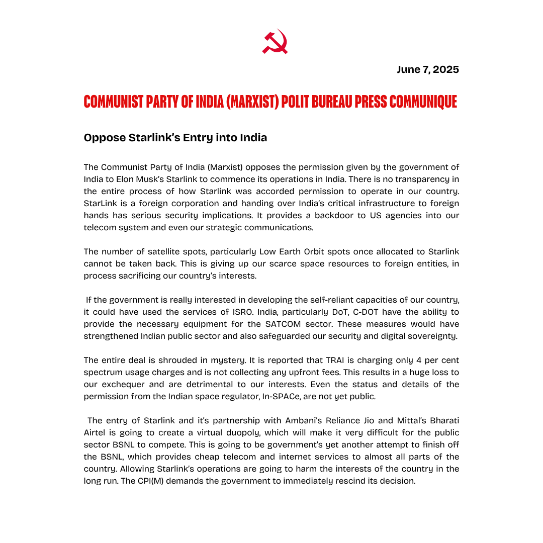 #CPIM Polit Bureau statement on #Starlink's entry in #India

Read the statement at: cpim.org/oppose-starlin…