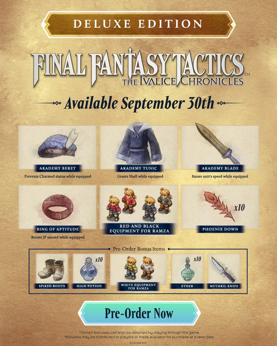 FinalFantasy's tweet image. Final Fantasy Tactics - The Ivalice Chronicles is now available to pre-order digitially on PlayStation 5, PlayStation 4, Xbox Series X|S, and Steam.

See what awaits you in the Deluxe Edition when the game launches September 30th.