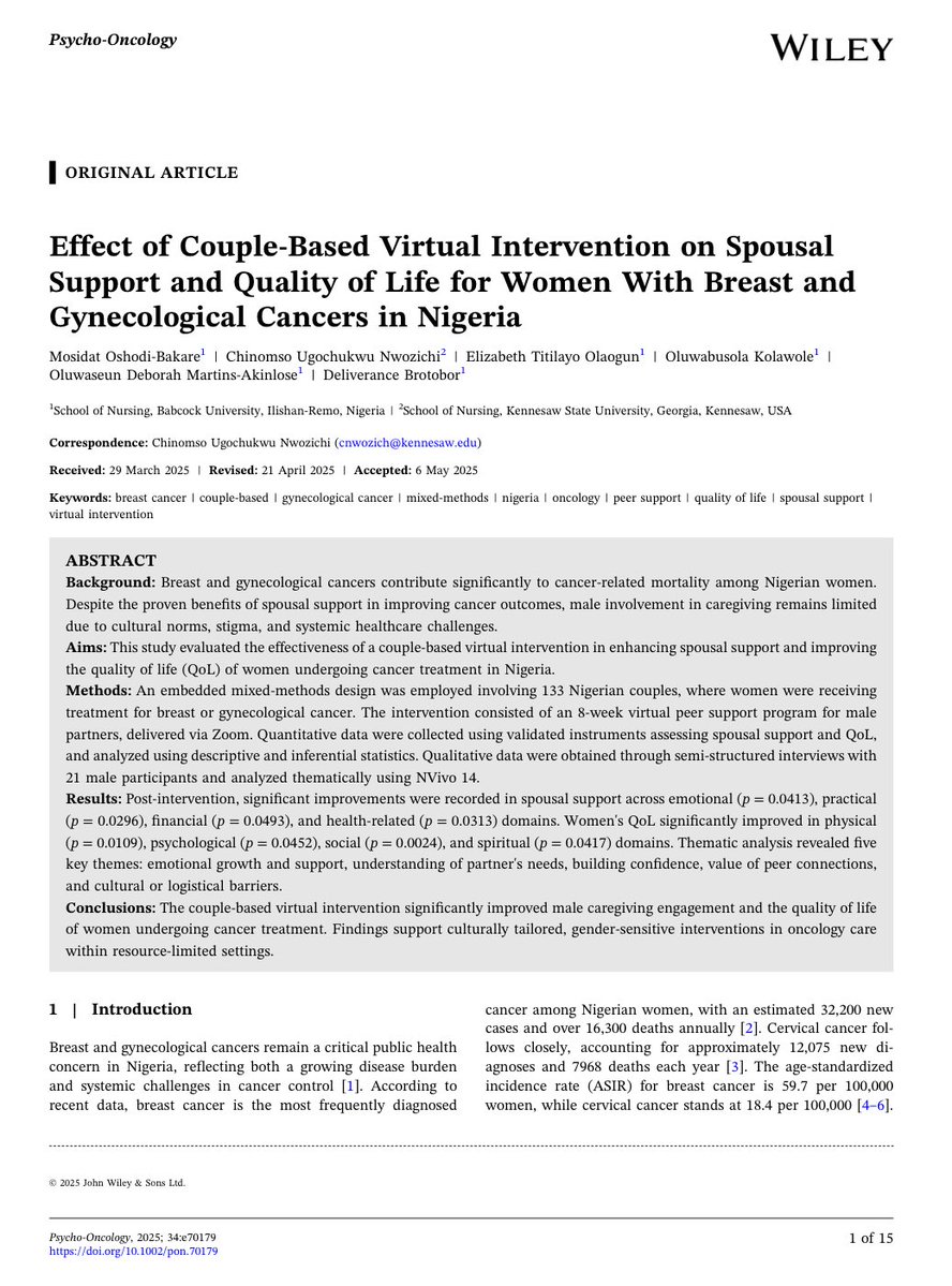 Psycho-Oncology (@psyonc) on Twitter photo Can virtual support empower male caregivers in cancer care?
🇳🇬 study found that an 8-week Zoom-based program for male partners improved spousal support & QoL in women w breast/GYN cancer
Culturally tailored, couple-based care works <a href="/PsyOnc/">Psycho-Oncology</a>
onlinelibrary.wiley.com/doi/10.1002/po… Can virtual support empower male caregivers in cancer care?
🇳🇬 study found that an 8-week Zoom-based program for male partners improved spousal support & QoL in women w breast/GYN cancer
Culturally tailored, couple-based care works <a href="/PsyOnc/">Psycho-Oncology</a>
onlinelibrary.wiley.com/doi/10.1002/po…