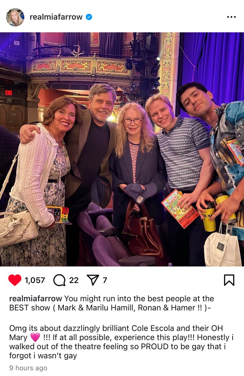 In actual tears over Mia Farrow saying she forgot she wasn't gay after Oh, Mary!